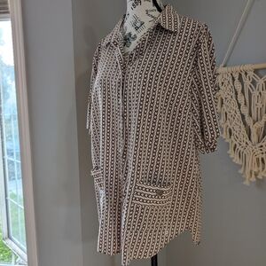 Olsen Button Front Pocket Top Collared Shirt Sleeve Fits Med/Large Brown Cream